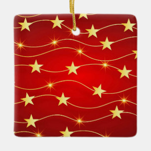 Star Adorned Ruby Red Pattern  Ceramic Ornament