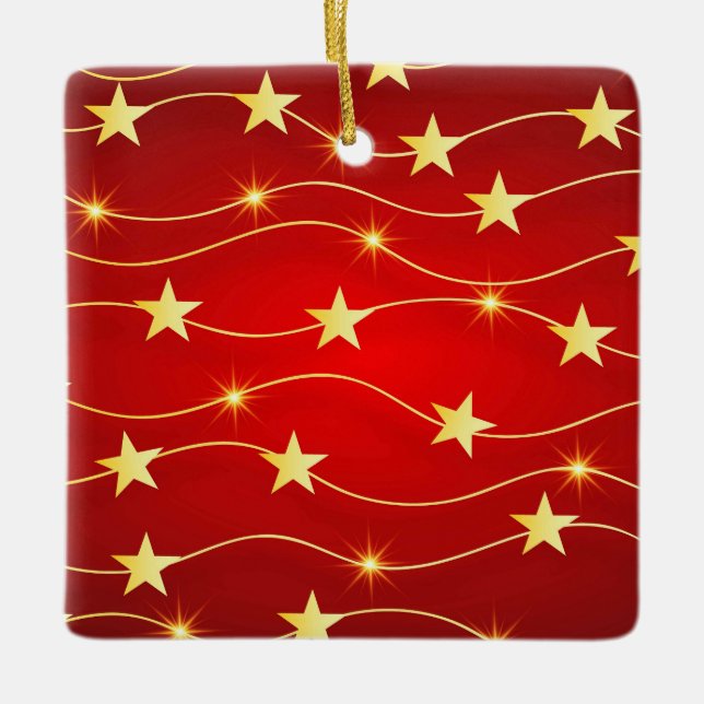 Star Adorned Ruby Red Pattern  Ceramic Ornament (Front)