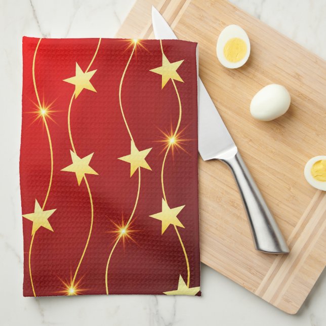 Star Adorned Ruby Red Pattern  Kitchen Towel (Quarter Fold)