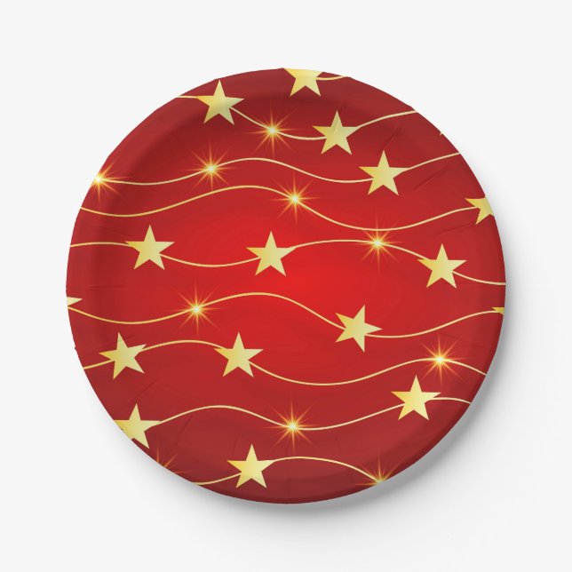 Star Adorned Ruby Red Pattern  Paper Plate (Front)