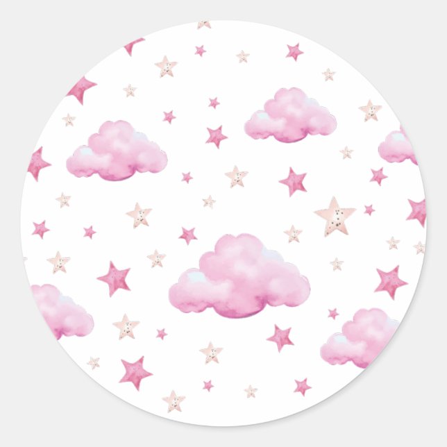 Star and Cloud Pattern PInk  Classic Round Sticker (Front)