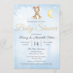Star and Moon Teddy Bear Blue Boy's Baby Shower Invitation