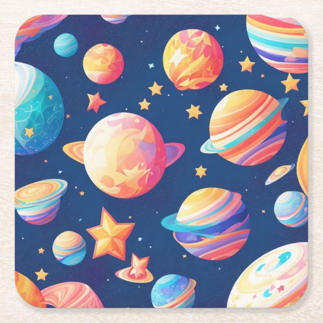 Star ans planets pattern square paper coaster (Front)