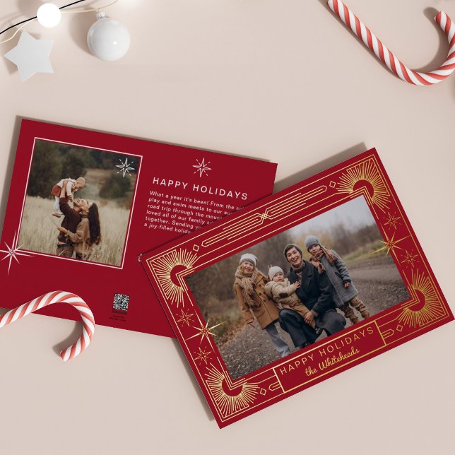 Star Art Deco Photo Happy Holiday (Snowflake art deco berry holly photo holiday card perfect elegant Christmas card.)