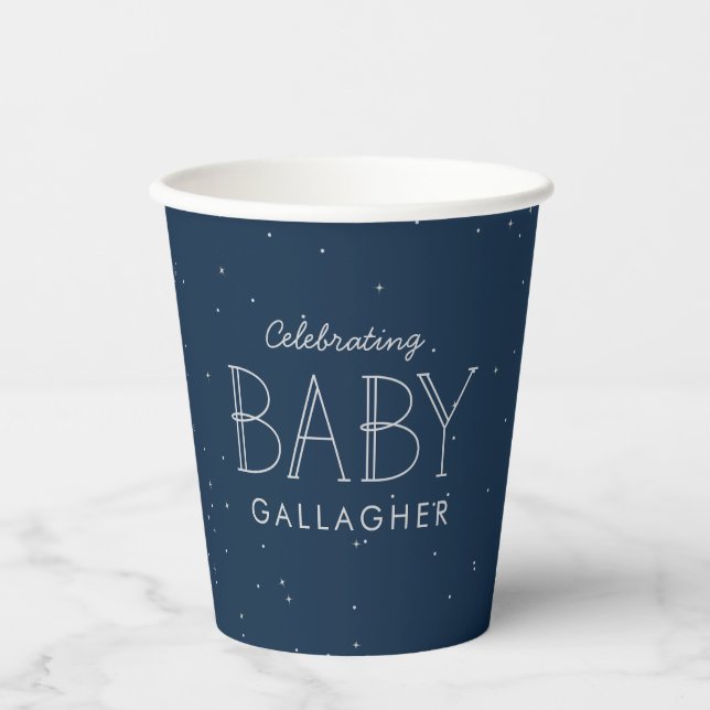 Star baby shower navy blue personalized paper cups (Front)