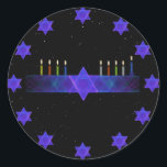 Star Bar Menorah Classic Round Sticker<br><div class="desc">A purple and blue fractal image,  with a Magen David (Star of David),  in the middle,  as a Chanukkah menorah.  The motif is repeated as a border of 12 stars. The candles have been lit.</div>