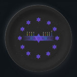 Star Bar Menorah Paper Plate<br><div class="desc">For your Chanukkah party. A purple and blue fractal image,  with a Magen David (Star of David),  in the middle,  as a Chanukkah menorah. All on a starfield background. This image is also available on Chanukkah party invitations and many other items.</div>