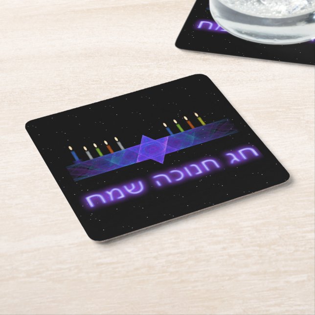 Star Bar Menorah Square Paper Coaster (Angled)