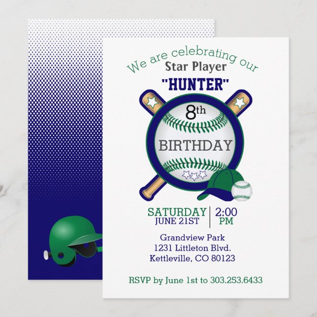 Star Baseball Player Birthday Invitation (Front/Back)