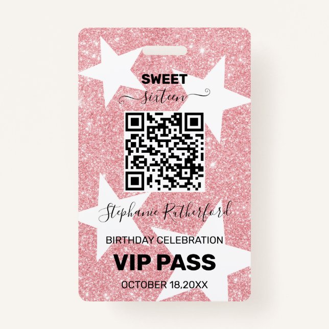 Star Birthday Party VIP PASS Pink Glitter Badge (Front)