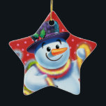 Star Christmas tree decoration Snowman & tinsel.<br><div class="desc">Star shape pinks Christmas tree decoration Snowman and tinsel.pinks.
This jolly snowman is about to decorate his tree with colorful tinsel.
See the other characters in this same series, Santa and Polar Bear and Rudolph.</div>