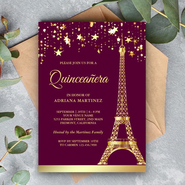 Star Confetti Gold Eiffel Tower Pink Quinceanera Invitation (Creator Uploaded)