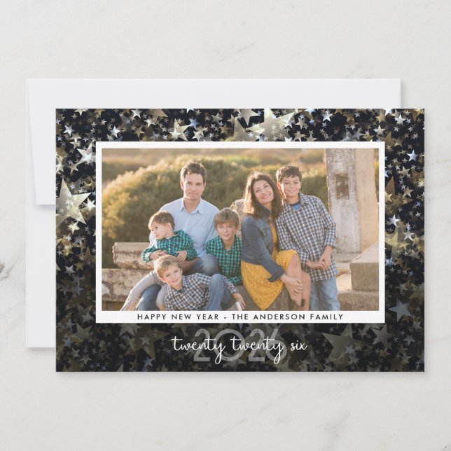 Star Confetti Happy New Year 2023 Photo Holiday Card (Front)