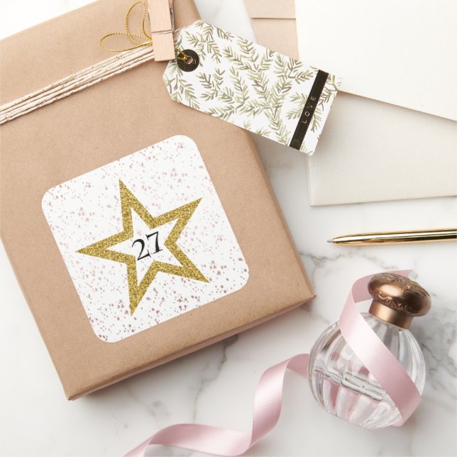 Star Confetti Number Special Pink Gold White Party Square Sticker (Gifting)