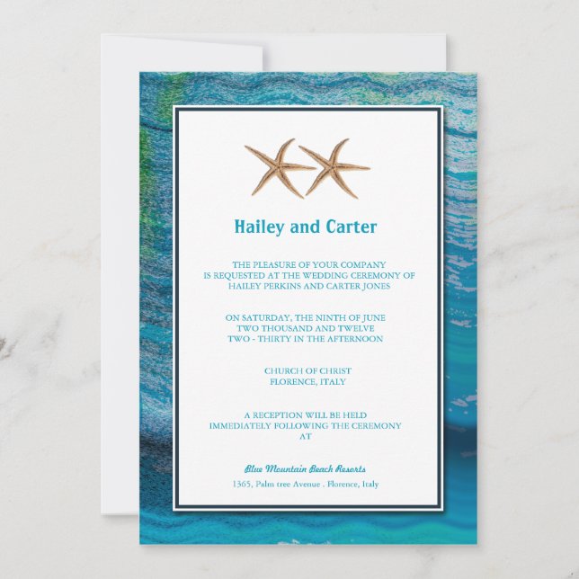 Star Fishes -Blue wedding invitations (Front)