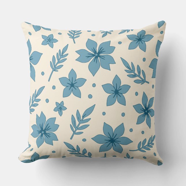 Star Flowers And Leaves Blue Cream Throw Pillow (Front)