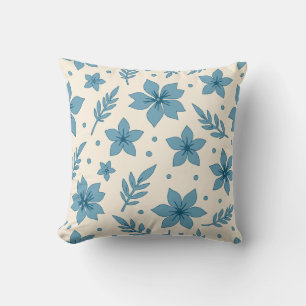 Star Flowers And Leaves Blue Cream Throw Pillow