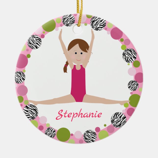 Star Gymnast Brown Braid in Pinks Ceramic Ornament (Front)