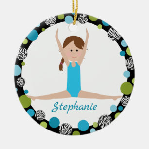 Star Gymnast with Brown Braid in Aqua and Green Ceramic Ornament