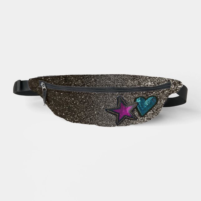 Star Heart Patches Black and White Glitter Luxury Fanny Pack (Front)