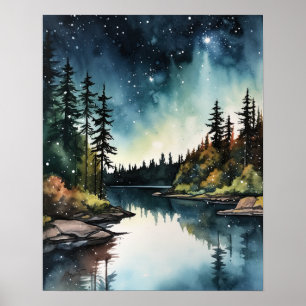 Star Lake Watercolor Landscape Art Print Poster