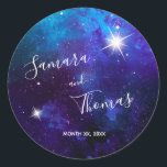 Star Light Blue Sky Wedding Classic Round Sticker<br><div class="desc">Add this Star Light Blue Sky Wedding Round Sticker to your Wedding Accessories list. Designed with light and dark shades of blue, turquoise and dotted with white sparkling stars. To personalize, simply insert your details into our template, replacing the sample text. Be sure to view the matching pieces to this...</div>