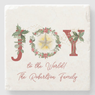 Star Light Joy to the World Christmas Wreath Holly Stone Coaster