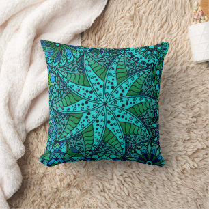 Star Mandala Aqua Ocean Sea Green Blue Throw Pillow