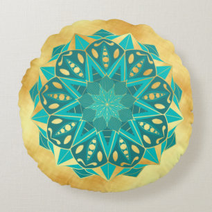 Star Mandala Blue Gold on Soft Gold Background Round Pillow