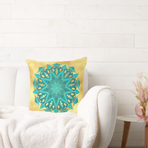 Star Mandala Blue Gold on Soft Gold Background Throw Pillow