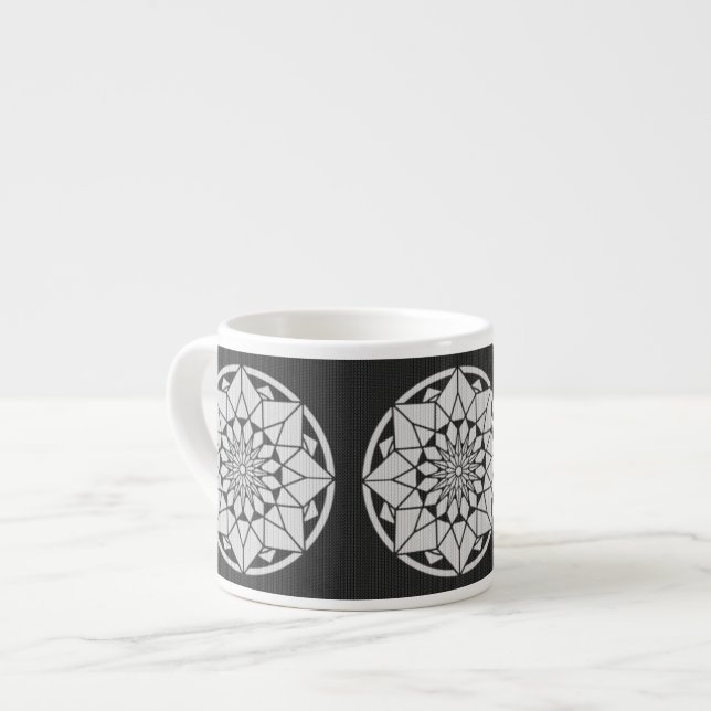 Star Mandala knitting black & white Espresso Cup (Front Left)