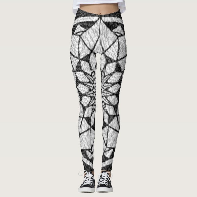 Star Mandala knitting black & white Leggings (Front)