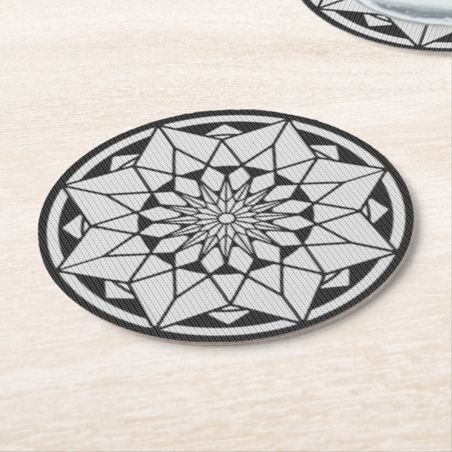 Star Mandala knitting black & white Round Paper Coaster (Angled)