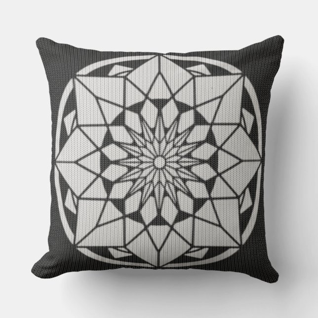 Star Mandala knitting black & white Throw Pillow (Front)