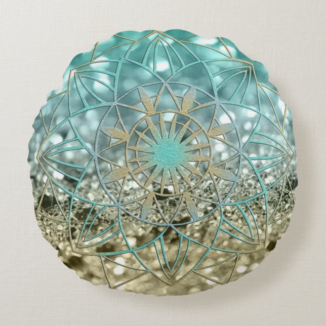 Star Mandala on Lemon Twist Beach Glitter #4 Round Pillow (Front)