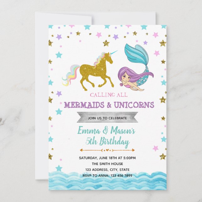 Star mermaid unicorn party theme invitation (Front)