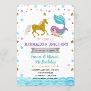 Star mermaid unicorn party theme invitation