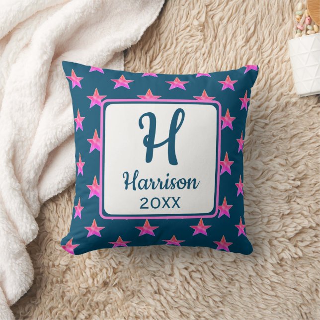 Star Monogram Initial Pink Blue Colourful Throw Pillow (Blanket)