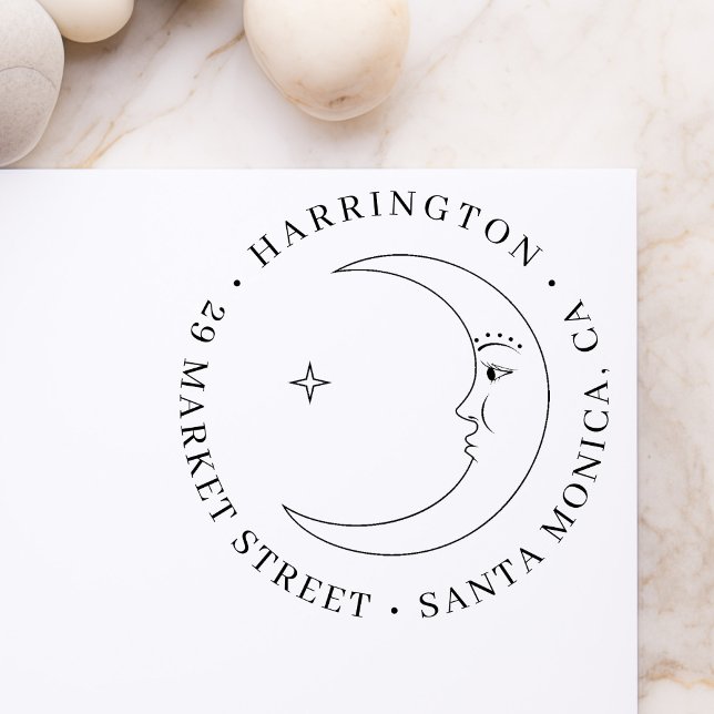 Star & Moon Round Family Name Return Address Rubber Stamp (Creator Uploaded)