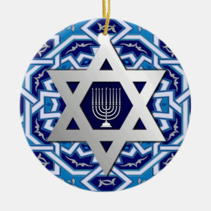 Star of David and Menorah Hanukkah Gift Ceramic Ornament