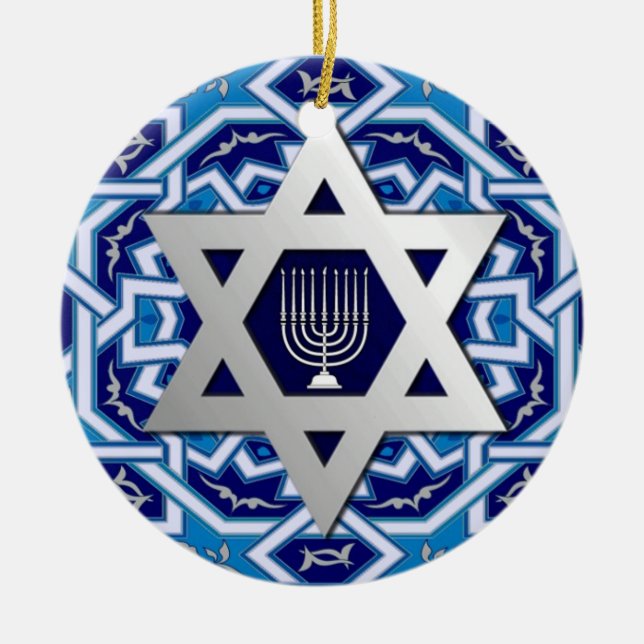 Star of David and Menorah Hanukkah Gift Ceramic Ornament (Front)