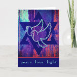 Star of David and Peace Doves Happy Hanukkah Card<br><div class="desc">A bold Star of David with two peace doves centred within. The star is a dark sapphire blue and the doves are light aqua. The background is a magnificent blend of rich colours, including aqua, turquoise, sapphire, purple, and brilliant rose red. The artwork appears to have a fabric-like appearance, giving...</div>