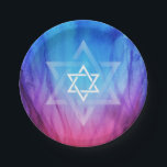 Star of David Bar Bat Mitzvah | Blue Red Flames Paper Plate<br><div class="desc">Have a "Fire and Ice" theme Bar Mitzvah or Bat Mitzvah celebration and looking for festive decorations? These custom blue and red fire flames party plates can be personalized! The unique watercolor design features a white Jewish Star of David overlaid on a larger star for a modern and interesting look....</div>