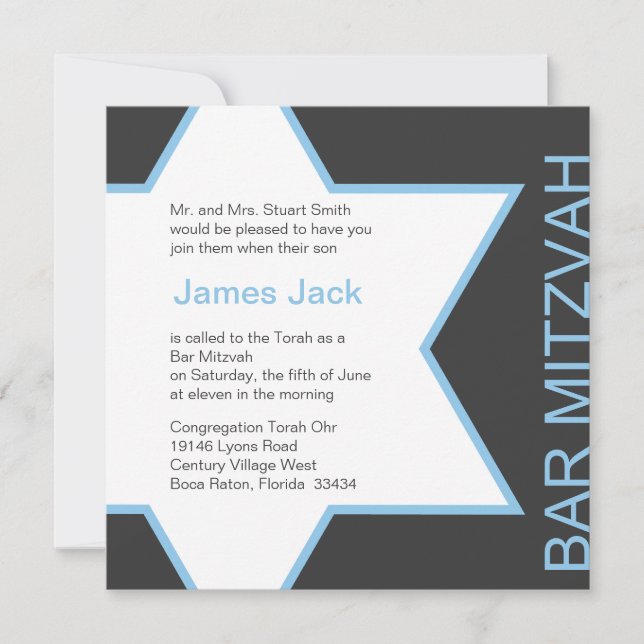 Star of David Bar Mitzvah - Blue & Gray Invitation (Front)