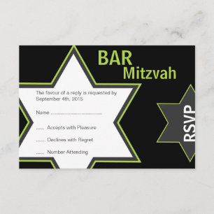 Star of David Bar Mitzvah Bright Green & Grey RSVP Card
