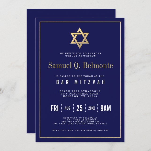 Star of David Bar Mitzvah Invitation de la marine  (Devant / Derrière)