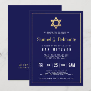 Star of David Bar Mitzvah Navy Invite w Address