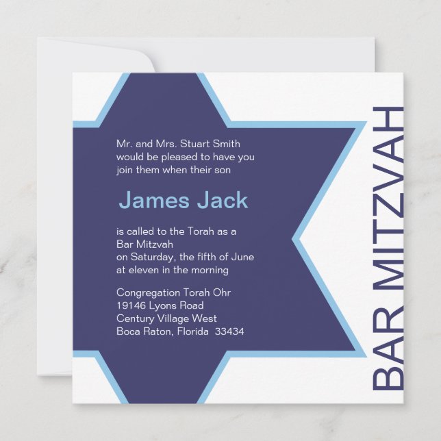 Star of David Bar Mitzvah - white & blue Invitation (Front)