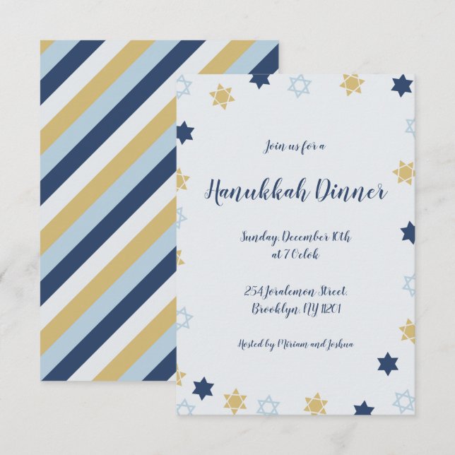 Star of David | Blue and Gold  Hanukkah Dinner Invitation (Front/Back)