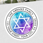 Star of David blue watercolor return address Classic Round Sticker<br><div class="desc">Elegant return address label featuring a white,  Star of David on a purple and aqua blue watercolor background and your return address in a modern sans-serif font.</div>